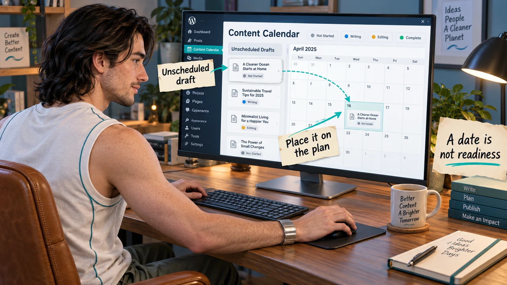 Workflow diagram showing how an unscheduled draft becomes a scheduled article in Strive Content Calendar
