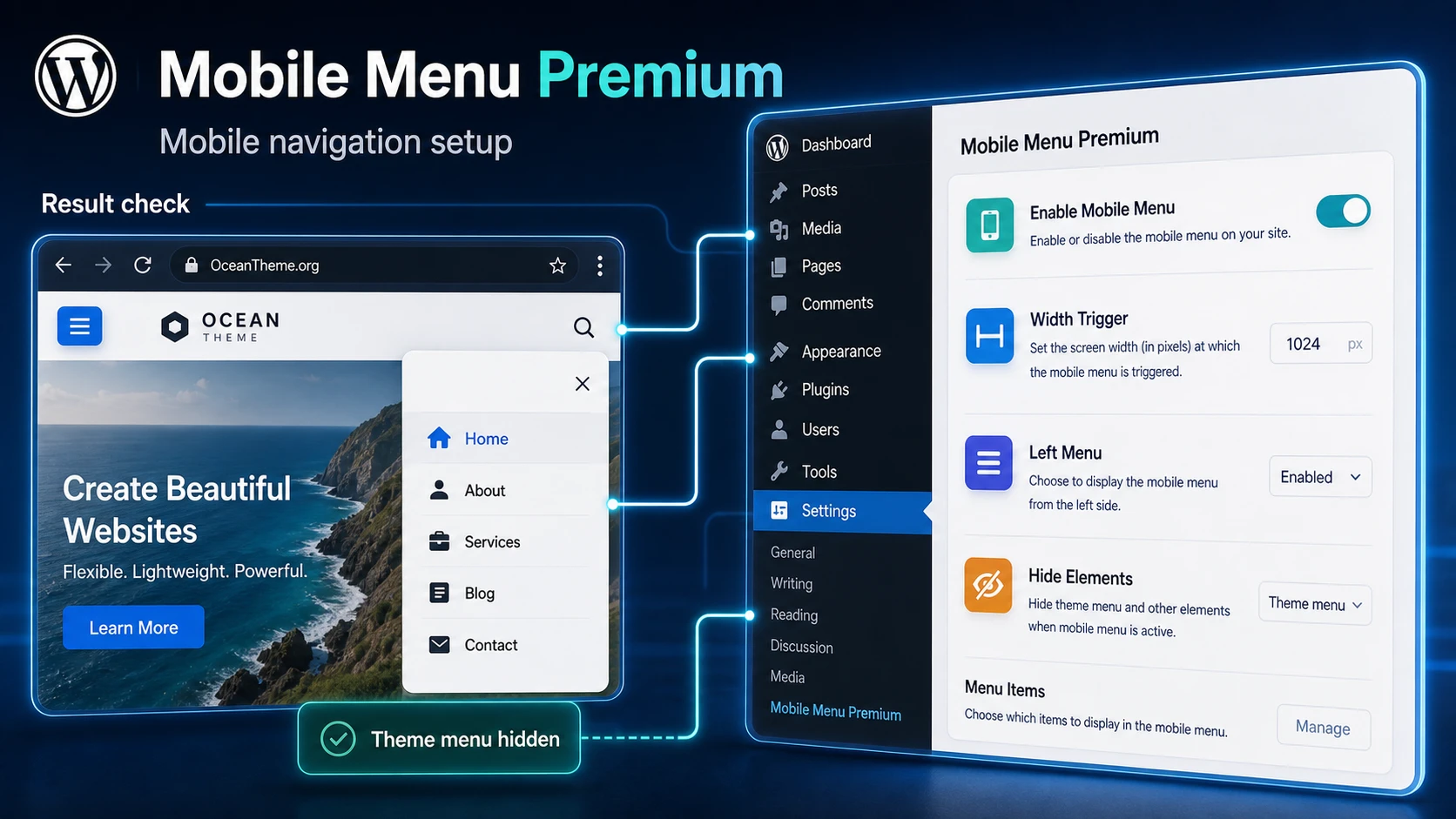 Mobile Menu Premium as a separate layer of WordPress mobile navigation
