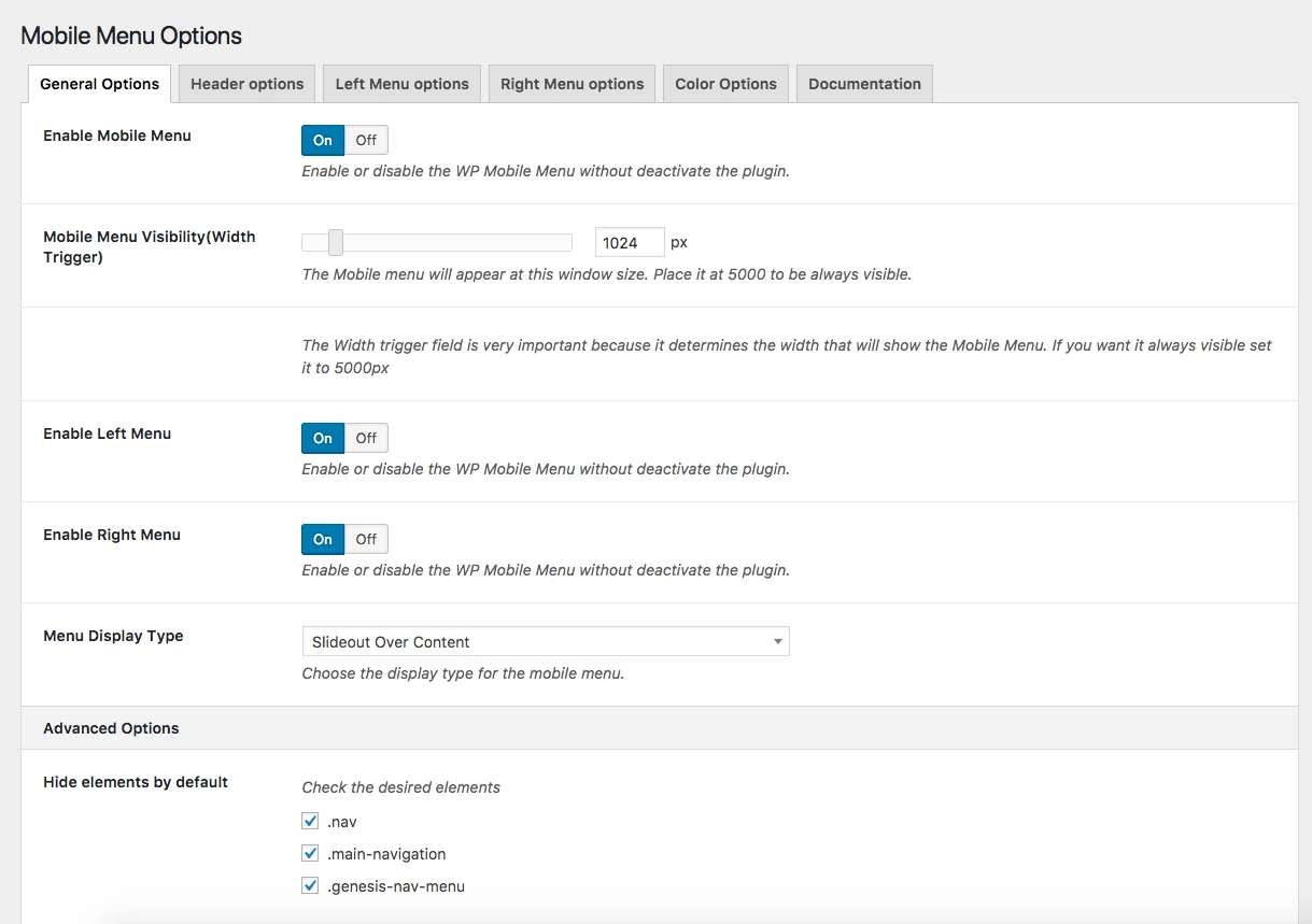 Mobile Menu Premium settings in the WordPress admin area