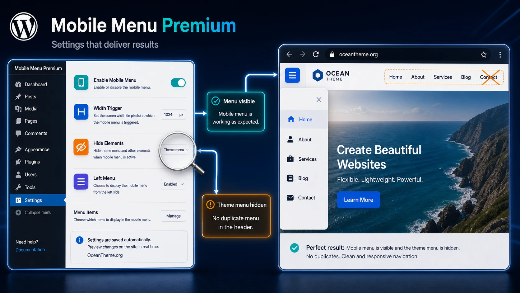 A setup diagram for Mobile Menu Premium from settings to on-site result