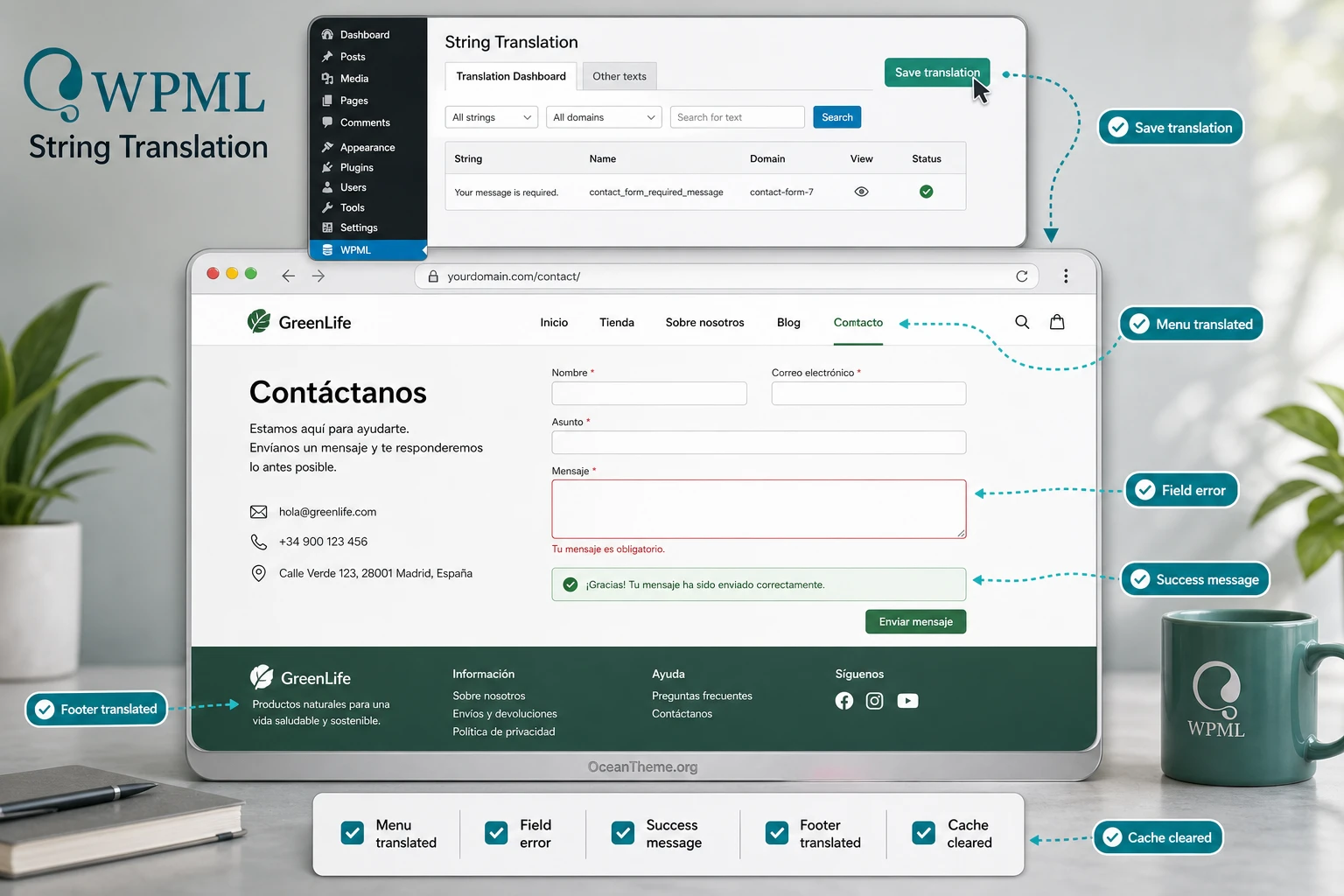 Verifying results after translating form, menu, and footer strings through WPML String Translation