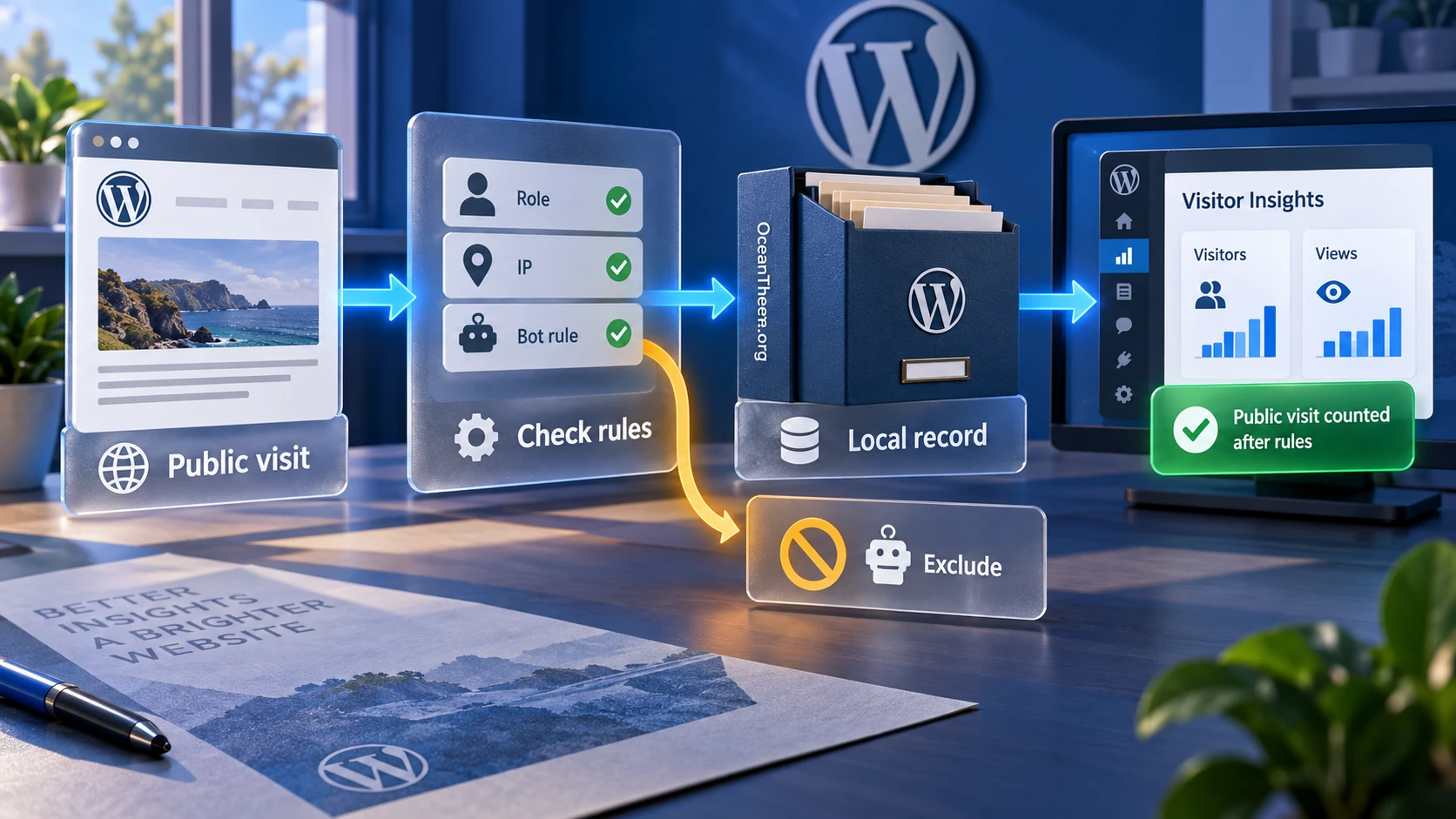 How WP Statistics works: visitor request, filters, record, and WordPress report