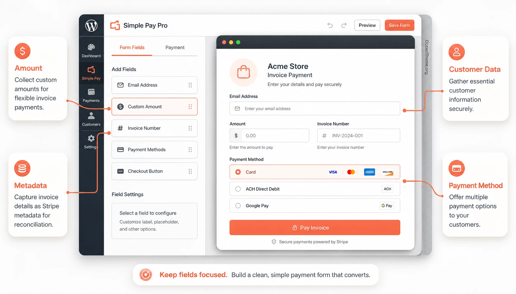 WP Simple Pay Pro form fields for amount, name, invoice number, and payment method