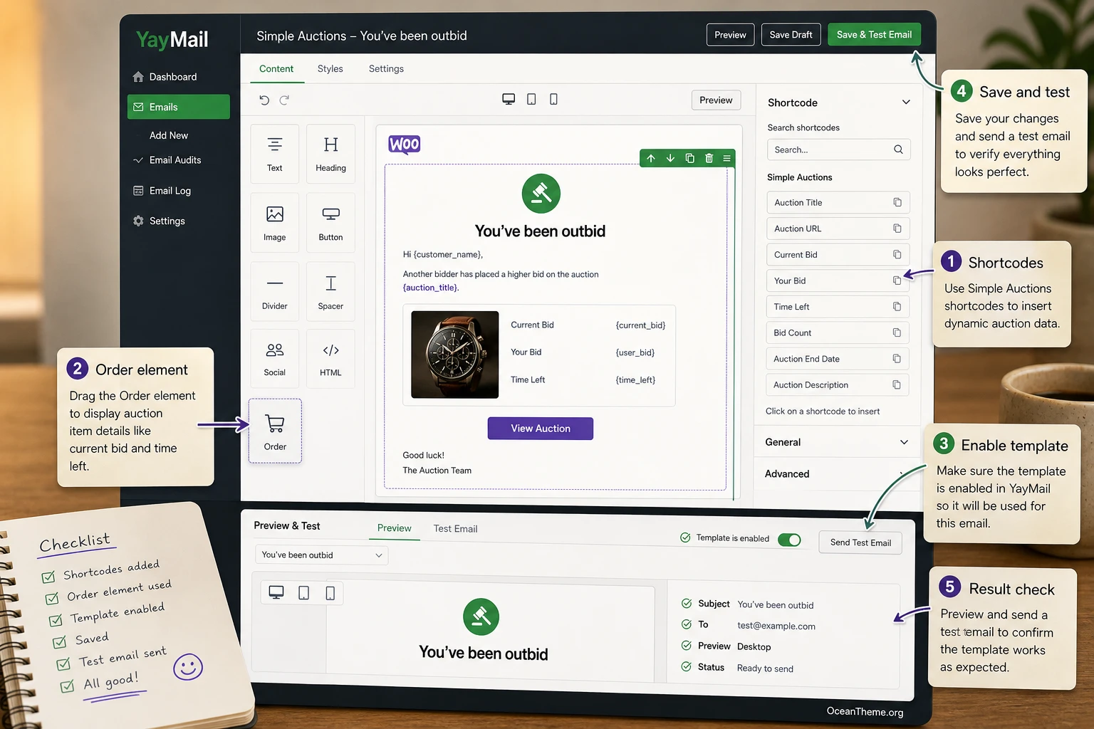 Auction email template setup in YayMail with shortcodes and result preview