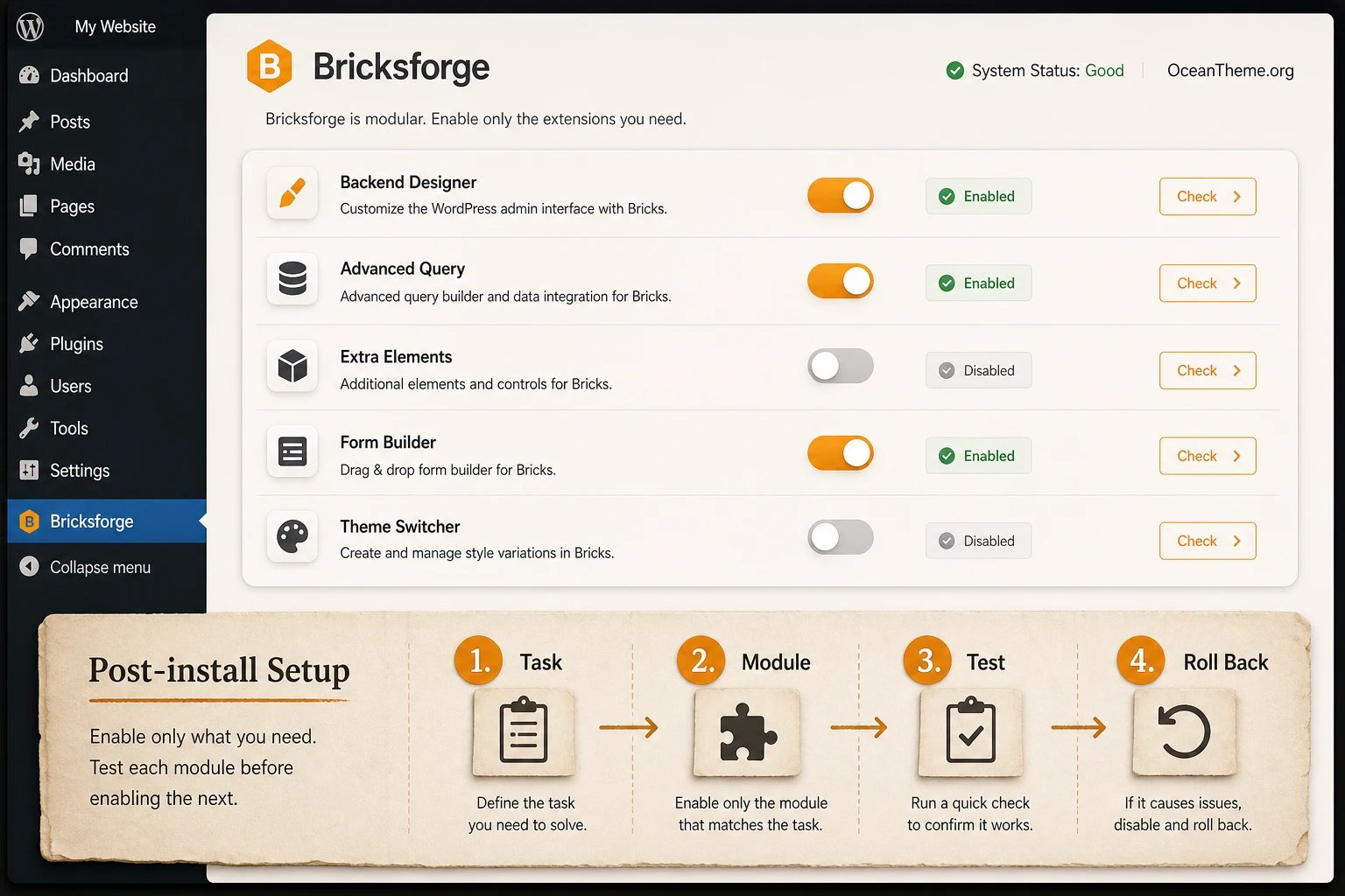 Bricksforge modular setup map after installation