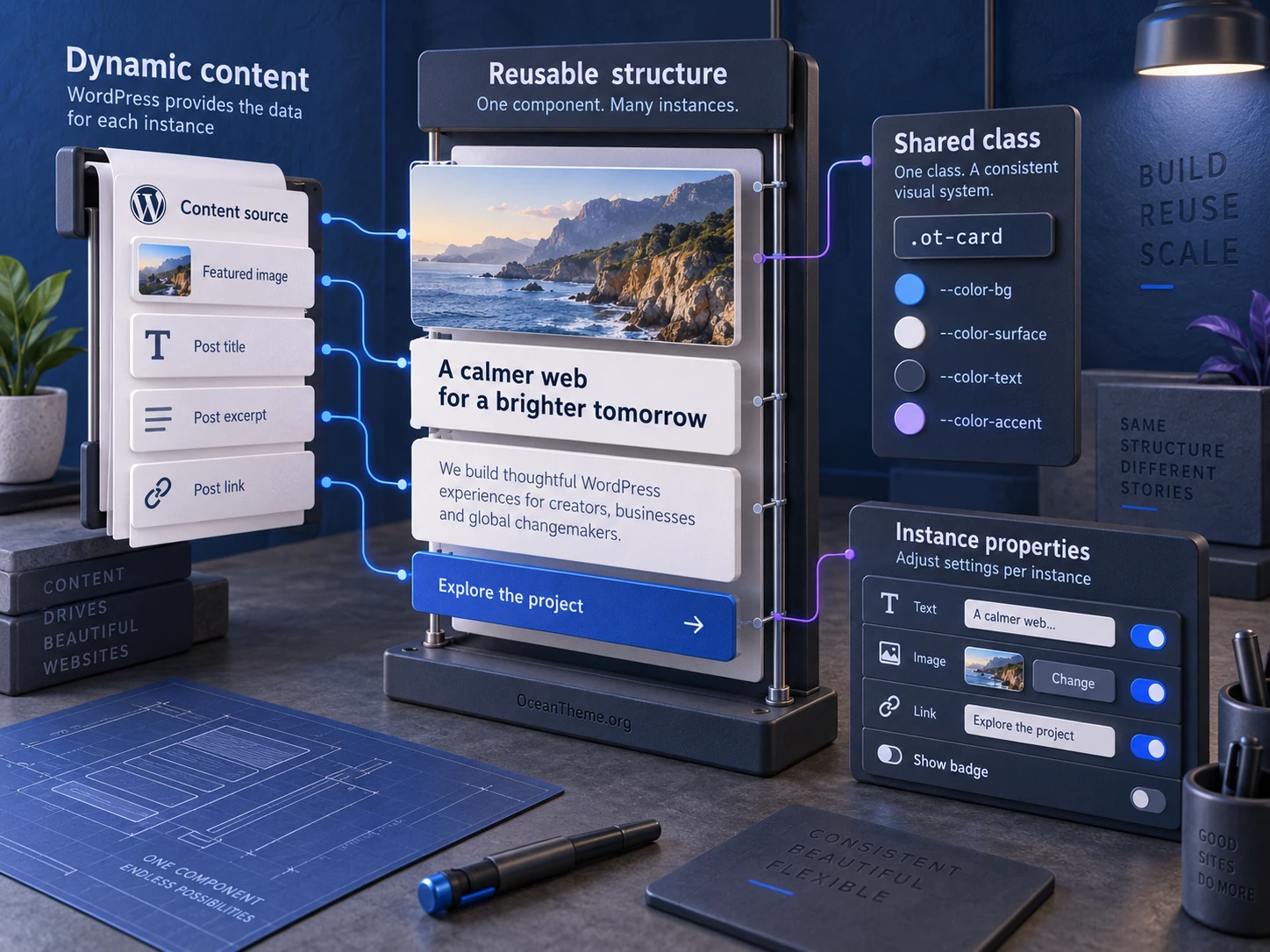 A Builderius Pro component connects card properties to shared styles and dynamic data