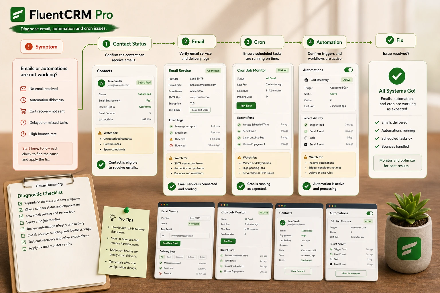 FluentCRM Pro troubleshooting map for email, automation, and cron issues