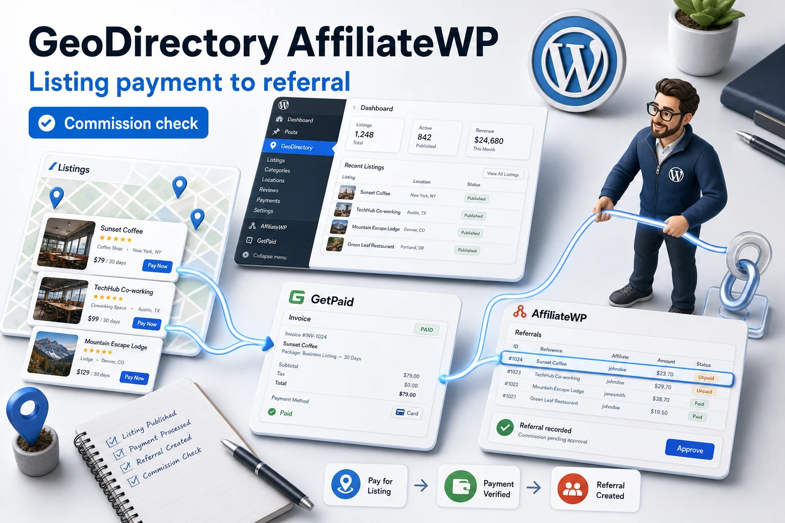 Cover image for the GeoDirectory AffiliateWP guide with a WordPress directory and affiliate flow