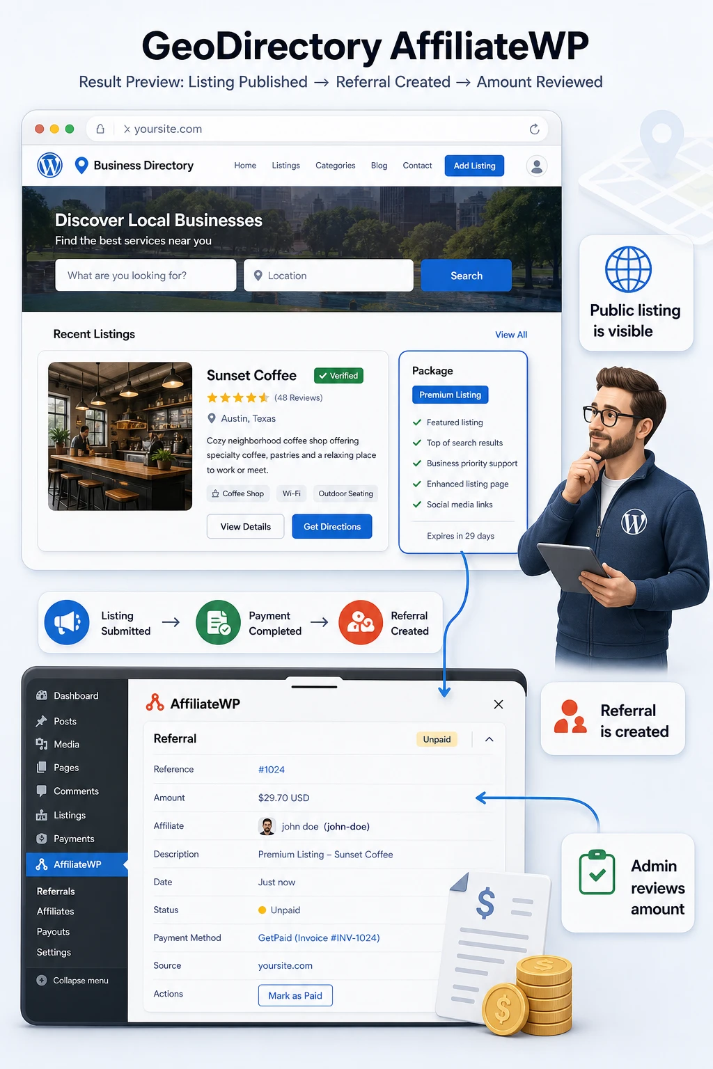 GeoDirectory AffiliateWP compatibility map with theme, cache, and payment layer