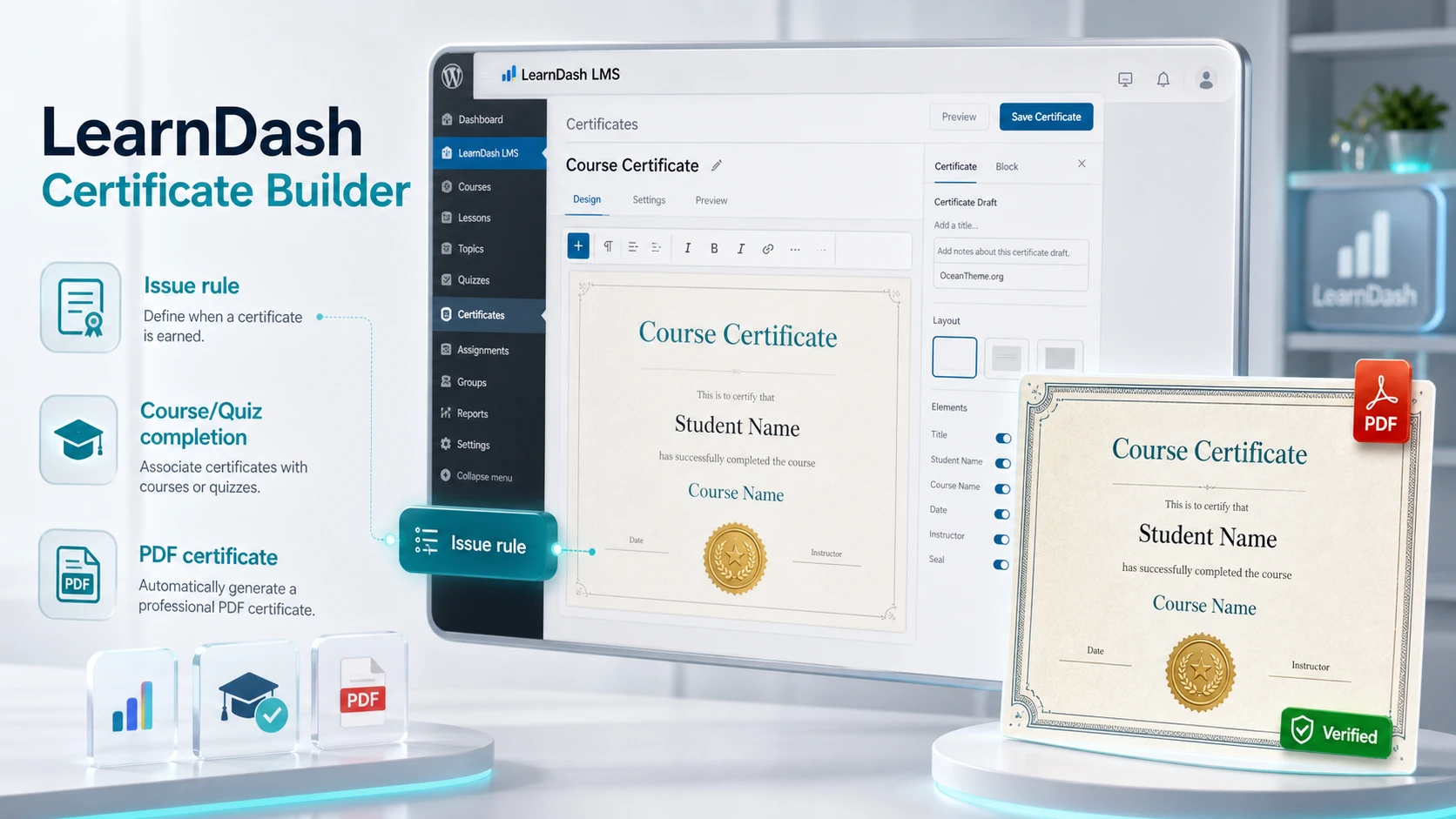 LearnDash Certificate Builder: how to connect an issuance rule to a PDF certificate