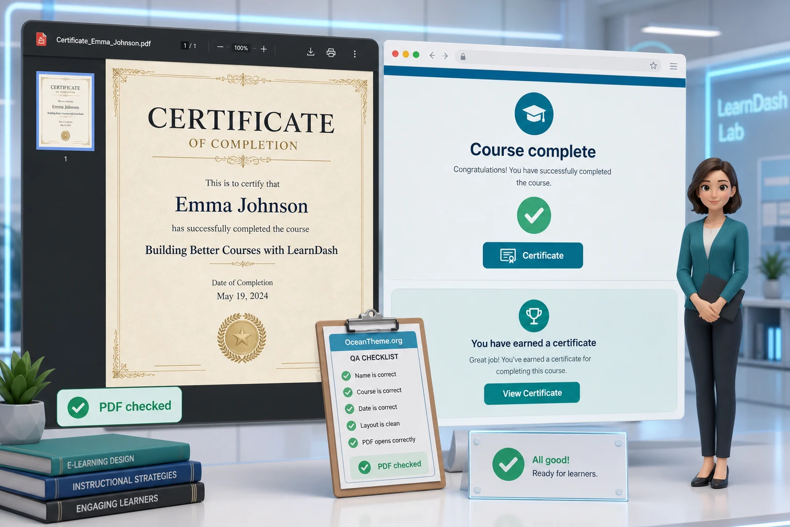 Example of a LearnDash Certificate Builder result after course completion