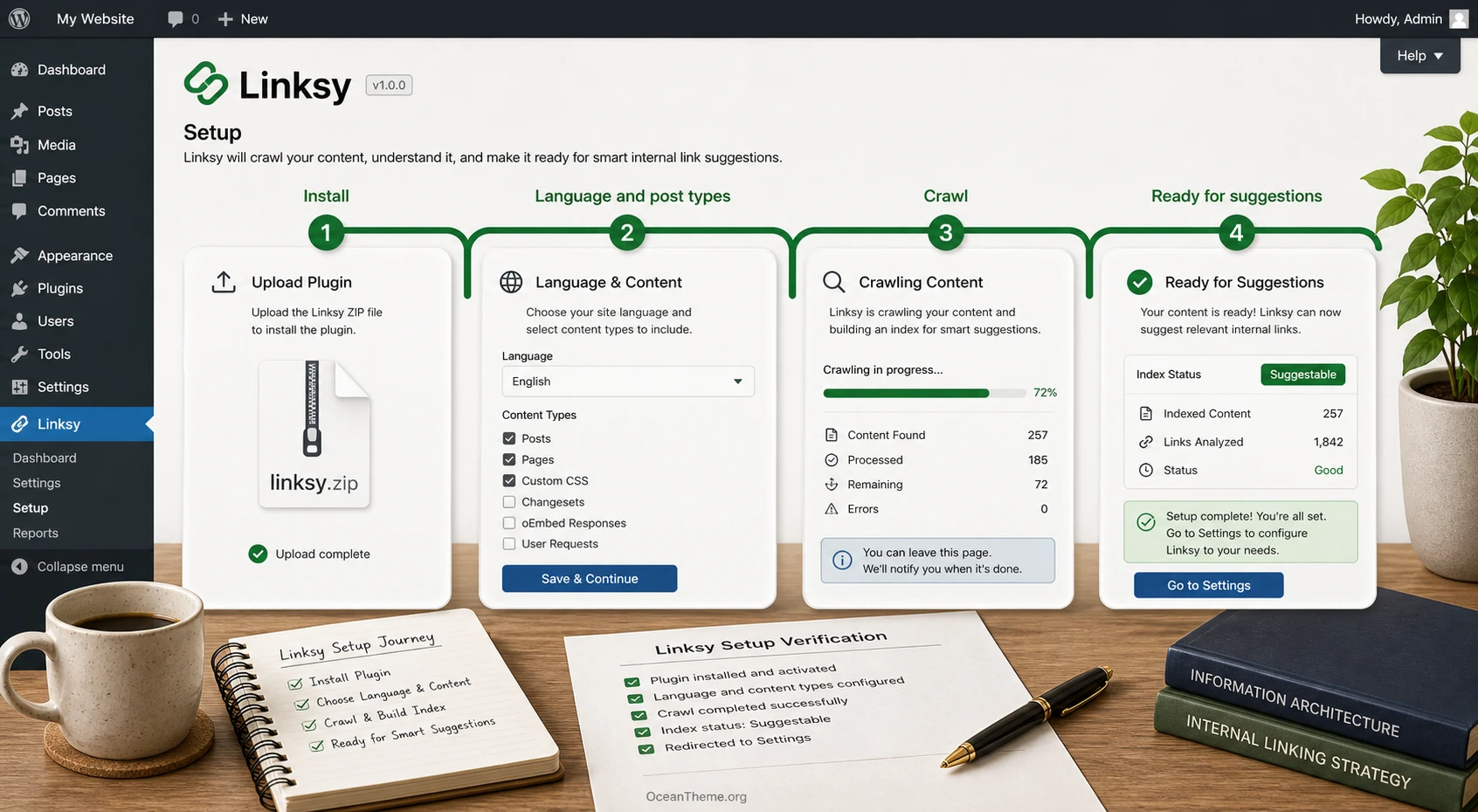 Linksy initial setup flow with language selection, post type selection, and scanning