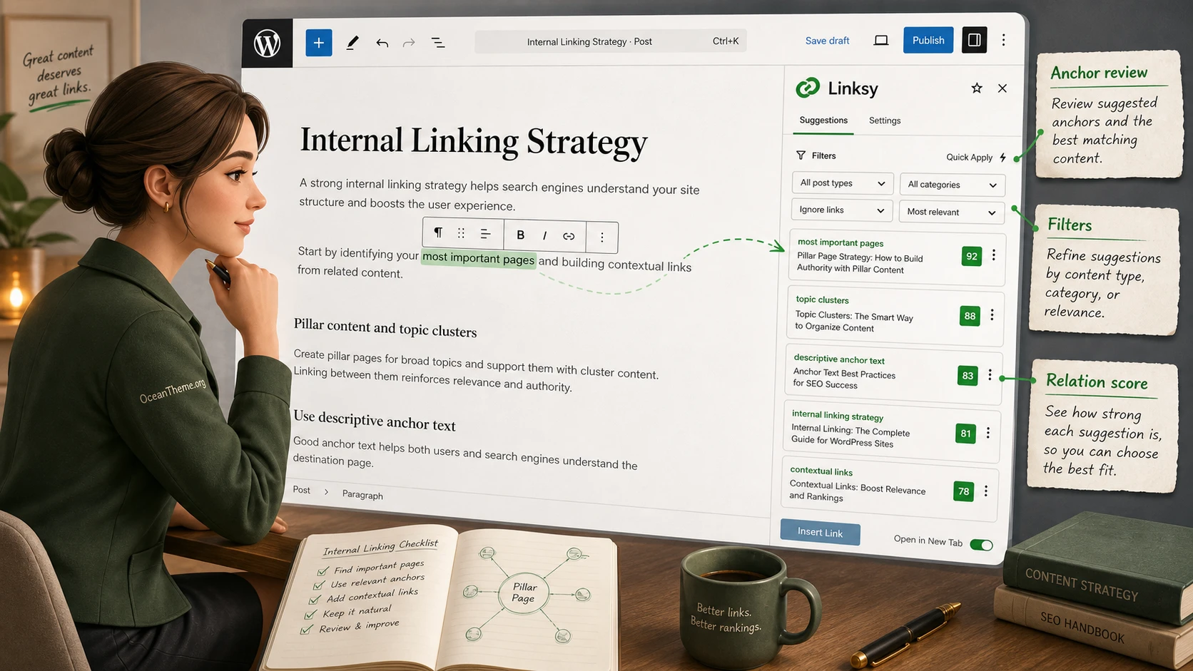 Breakdown of the Linksy widget in the WordPress editor with suggestions, filters, and anchor scoring