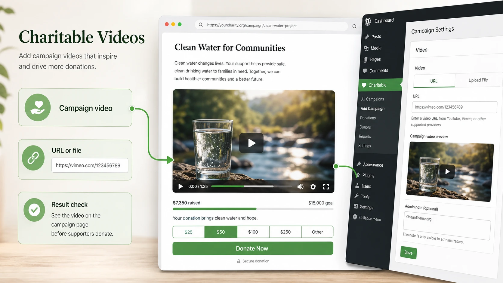 Charitable Videos on a WordPress campaign page with video and result validation