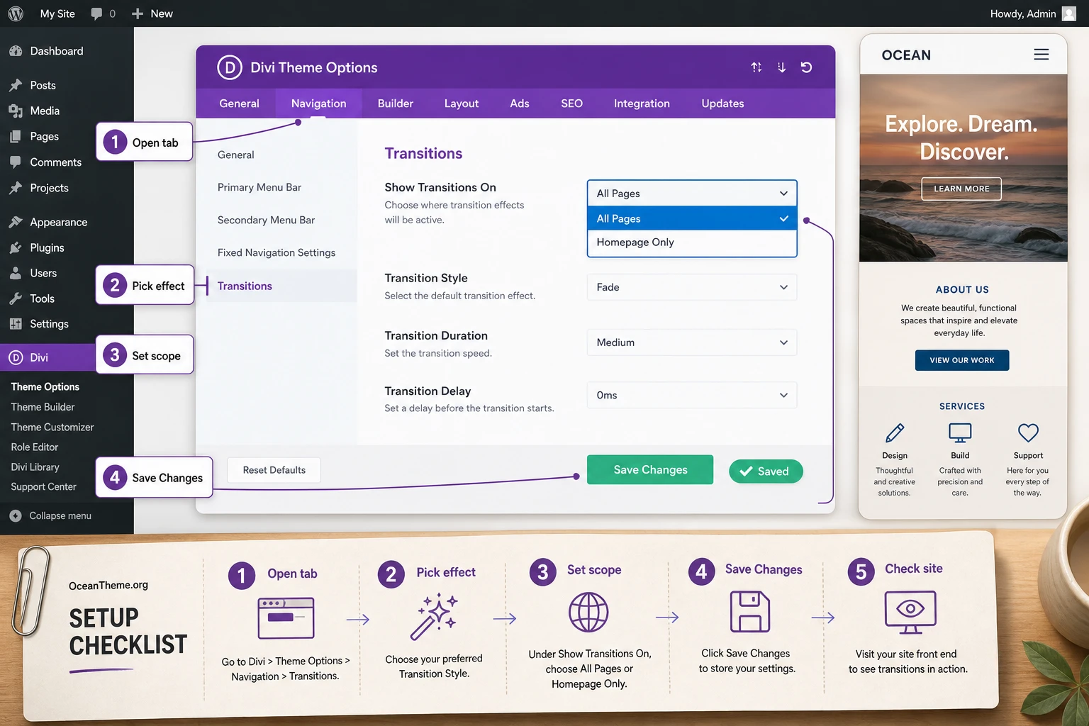 Configuring Divi Transitions in Divi Theme Options Navigation Transitions