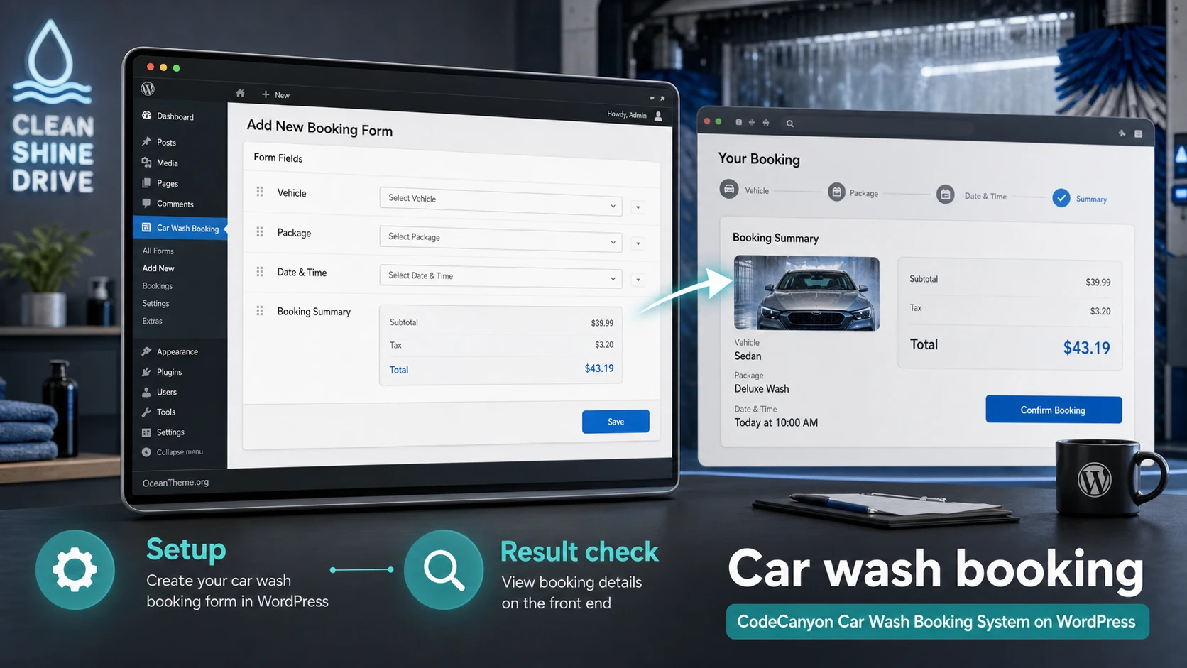 CodeCanyon Car Wash Booking System as a combination of booking form, calendar, and on-site result