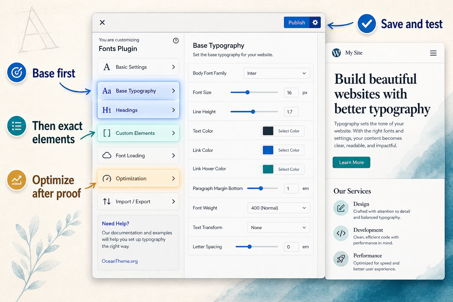 Map of the main Fonts Plugin Pro settings for body text and headings