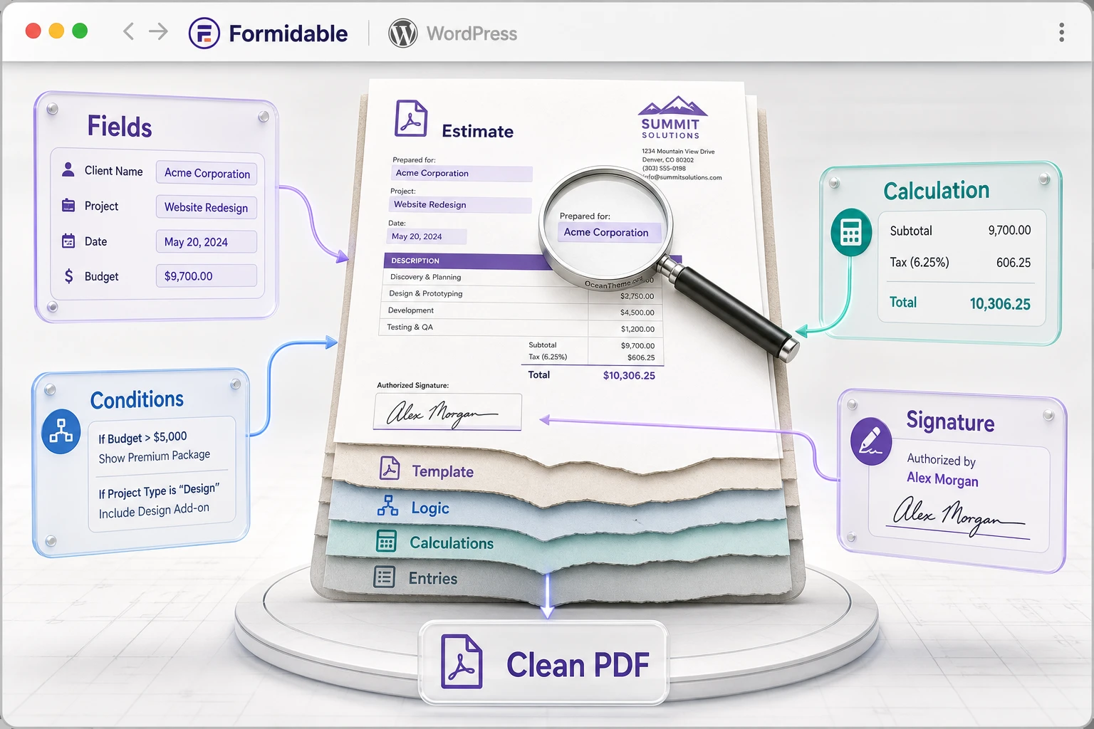 Formidable PDFs diagram: form fields, conditional logic, and calculations flow into the PDF template