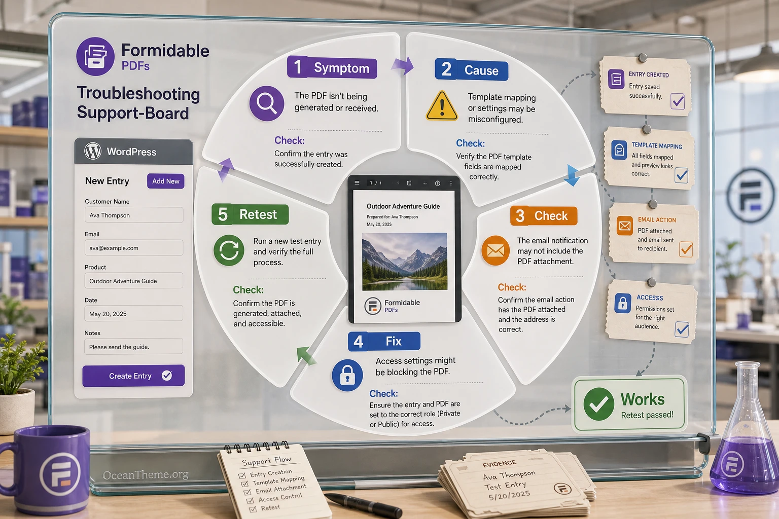 Formidable PDFs troubleshooting: entry, template, email, access, and retesting