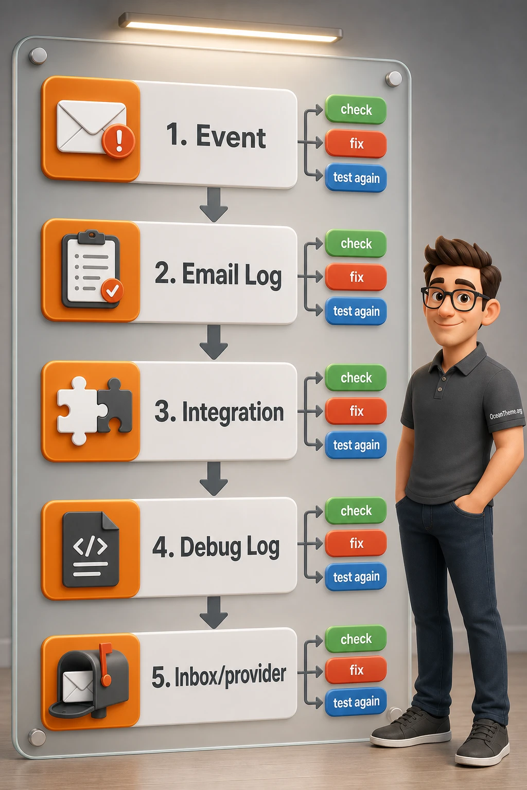 Gravity Forms SMTP troubleshooting map showing checks for logs, integration, and recipient delivery