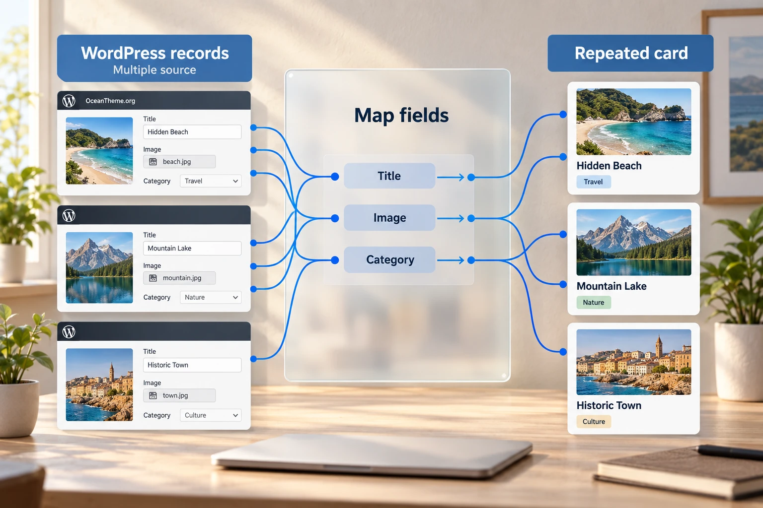 YOOtheme Grid Pro: diagram of a dynamic WordPress source, field mapping, and a card