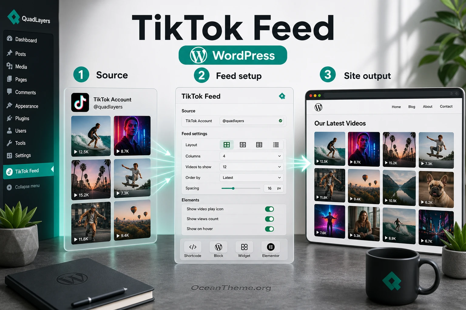Cover image for the TikTok Feed guide showing the path from a TikTok account to a feed on a WordPress site