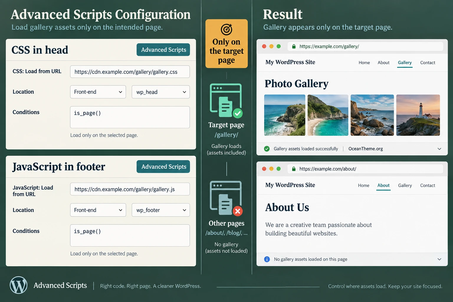 Advanced Scripts practical use case showing CSS in wp_head, JavaScript in wp_footer, and a gallery on a selected page