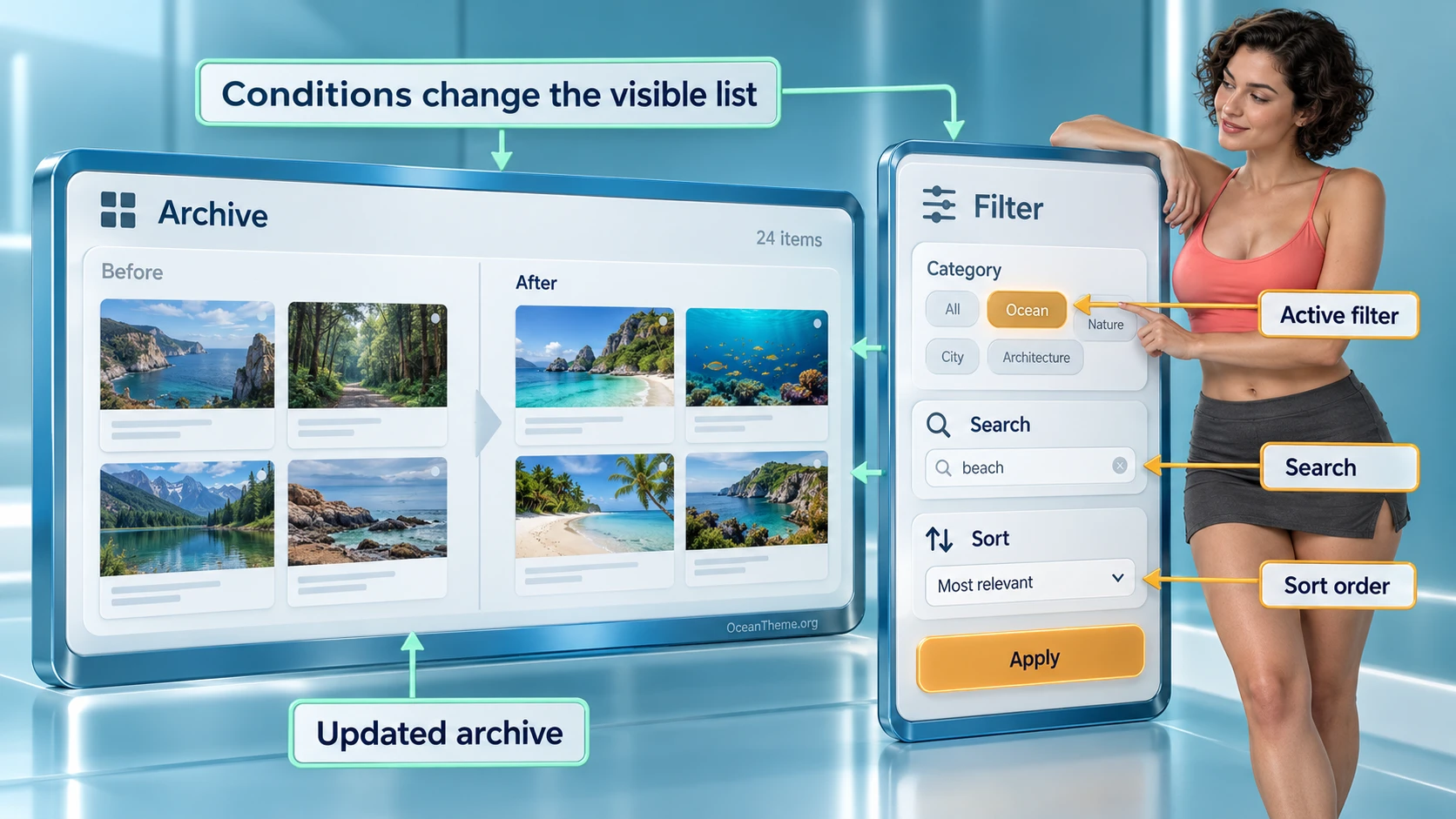 Diagram connecting the Query Elements Archive widget to filters and sort order