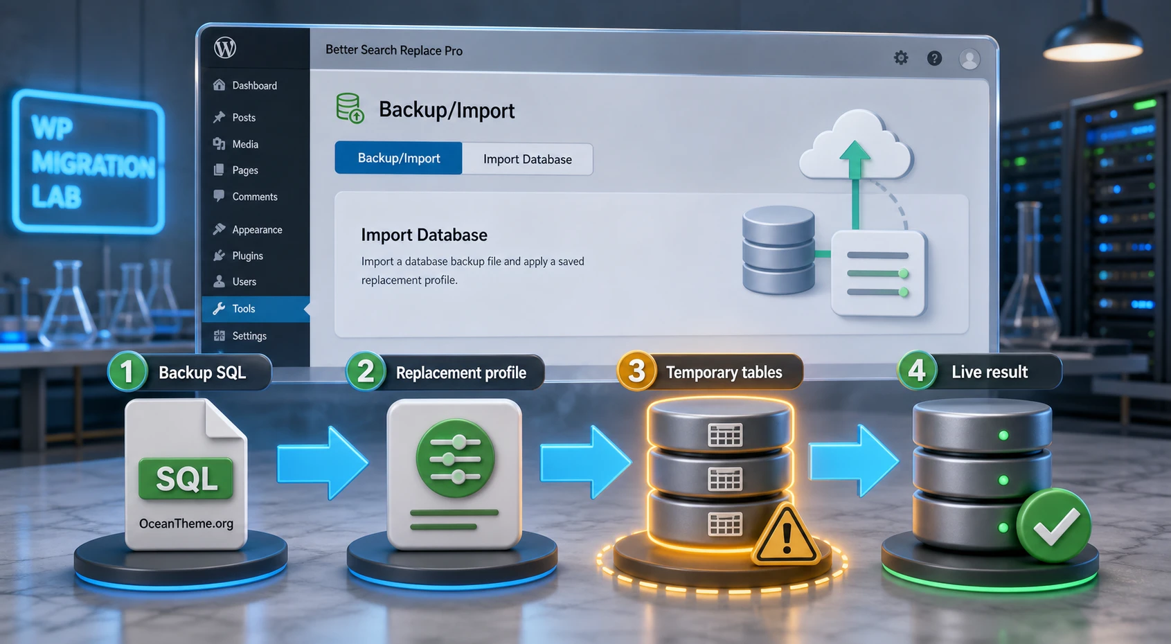 Diagram of database backup and import through Better Search Replace Pro