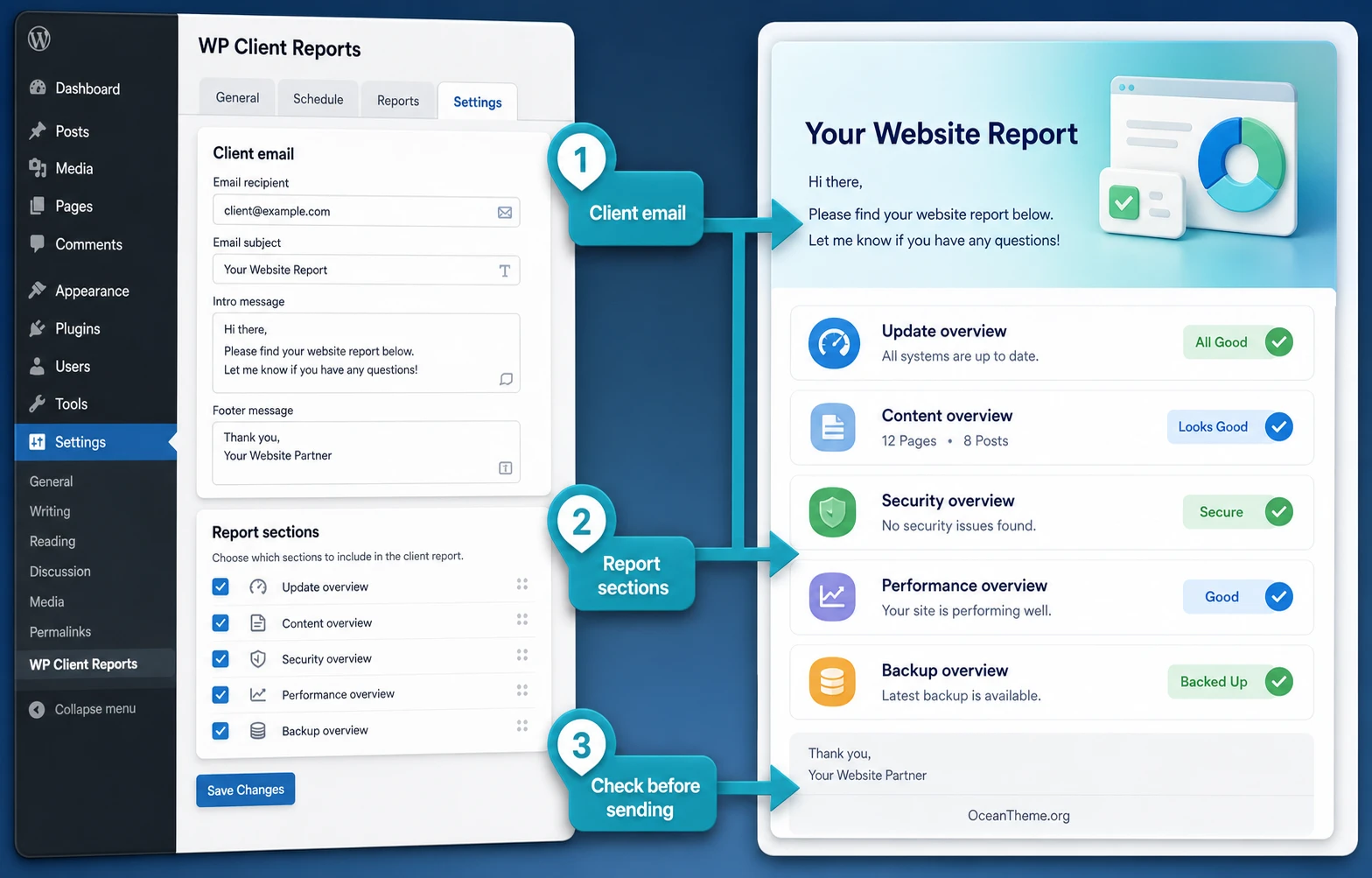 Configuring WP Client Reports report sections in the WordPress admin panel