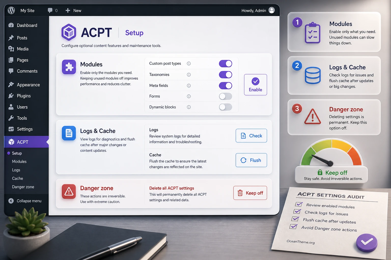 ACPT settings after installation with post types, fields, forms, and dynamic blocks enabled