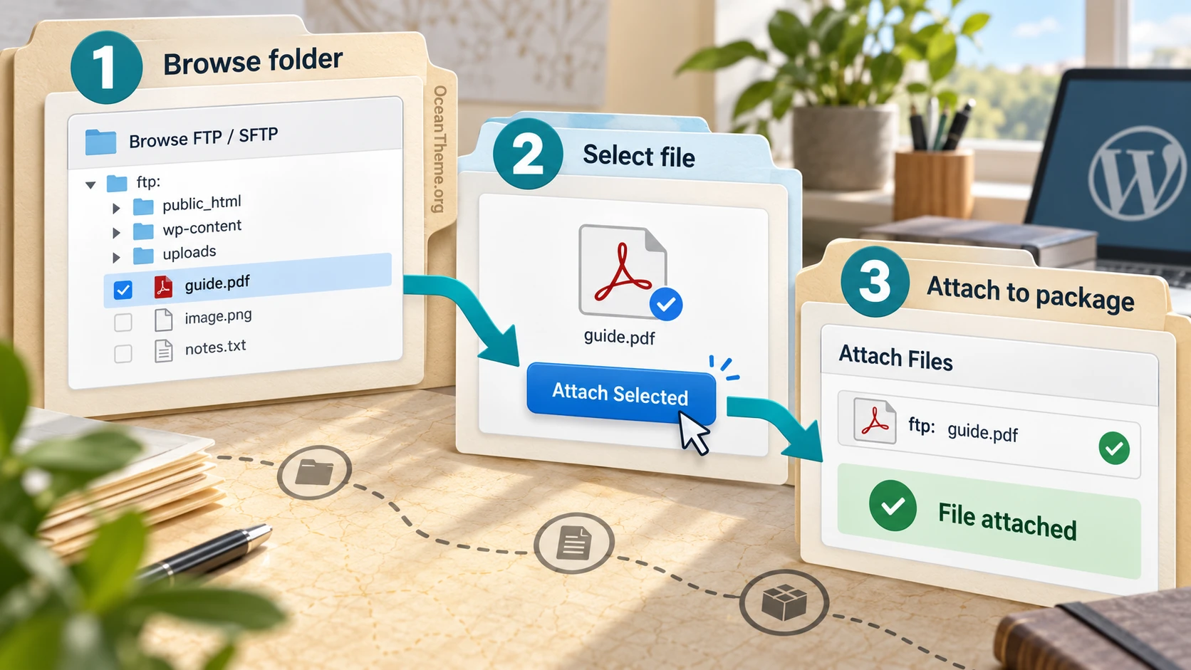 Selecting a remote file in the Download Manager Remote FTP browser and attaching it to a package