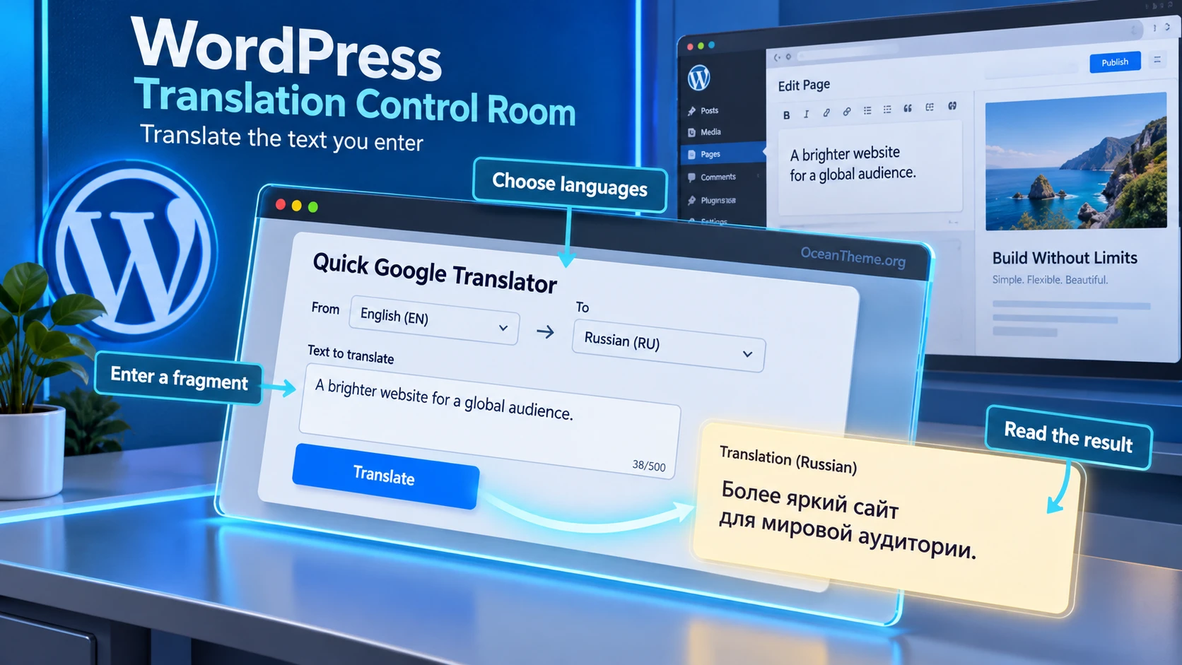 CodeCanyon Quick Google Translator guide cover showing the steps of entering text, choosing languages, and viewing a translation
