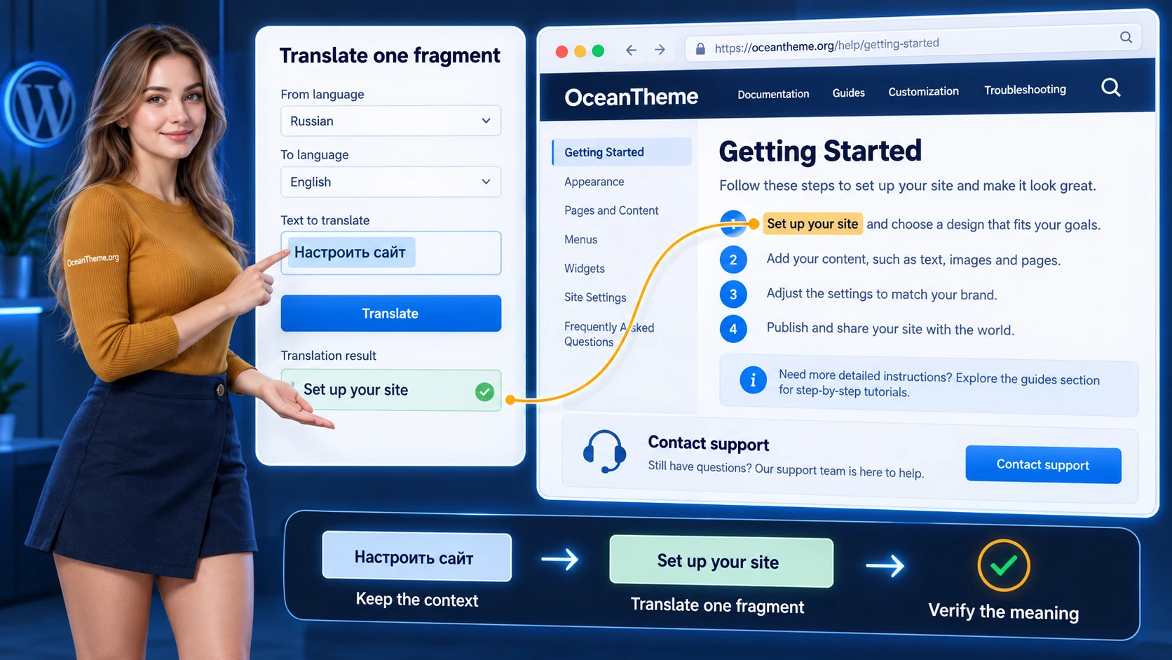 Example of a WordPress help page with a short-passage translation form and a translation check