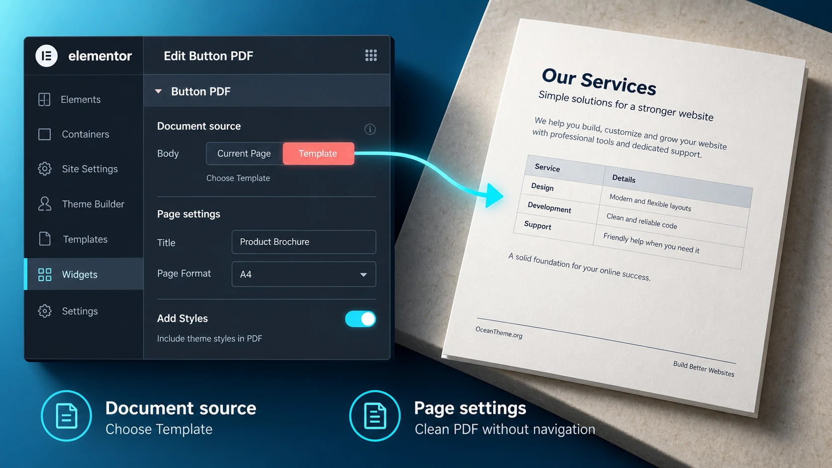 Button PDF configuration diagram in Elementor: template, filename, page settings, and output