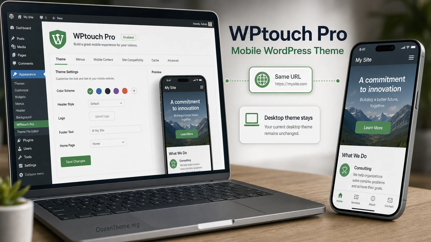 Cover image for the WPtouch Pro guide with a mobile theme and WordPress dashboard