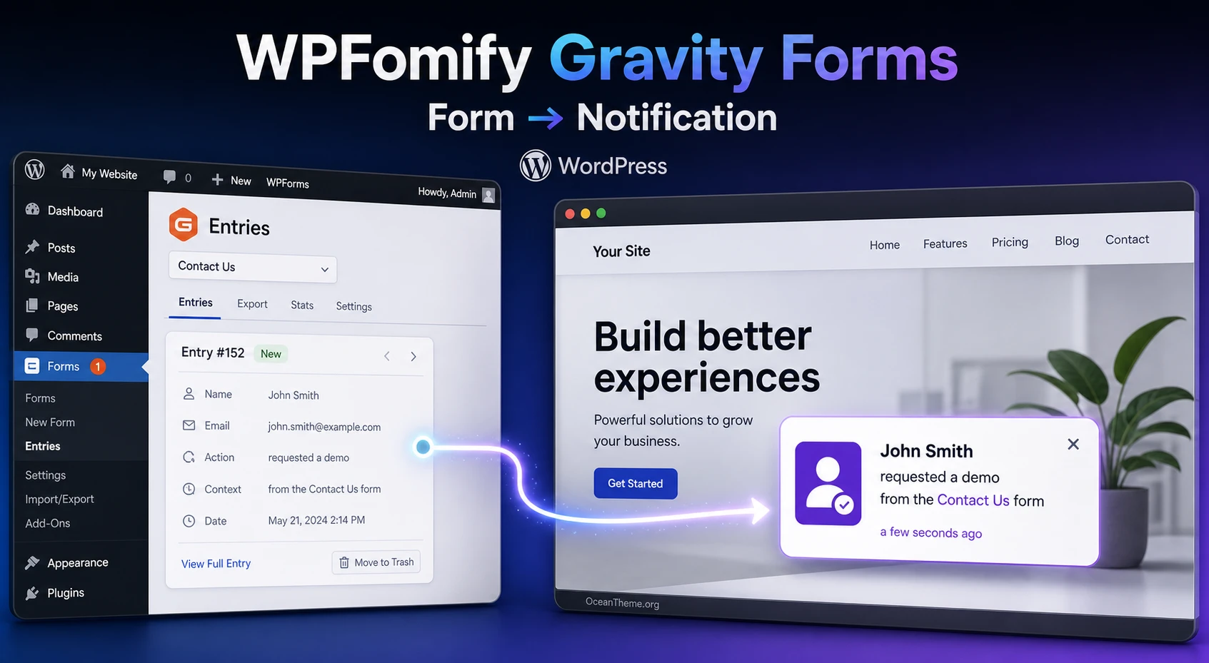 Cover image for the WPFomify Gravity Forms guide showing a form and a website notification