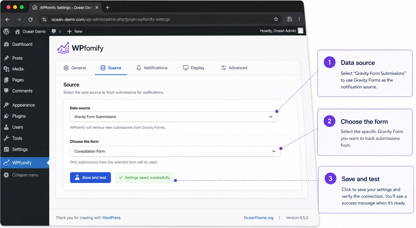 Selecting Gravity Form Submissions as the source for WPFomify Gravity Forms notifications