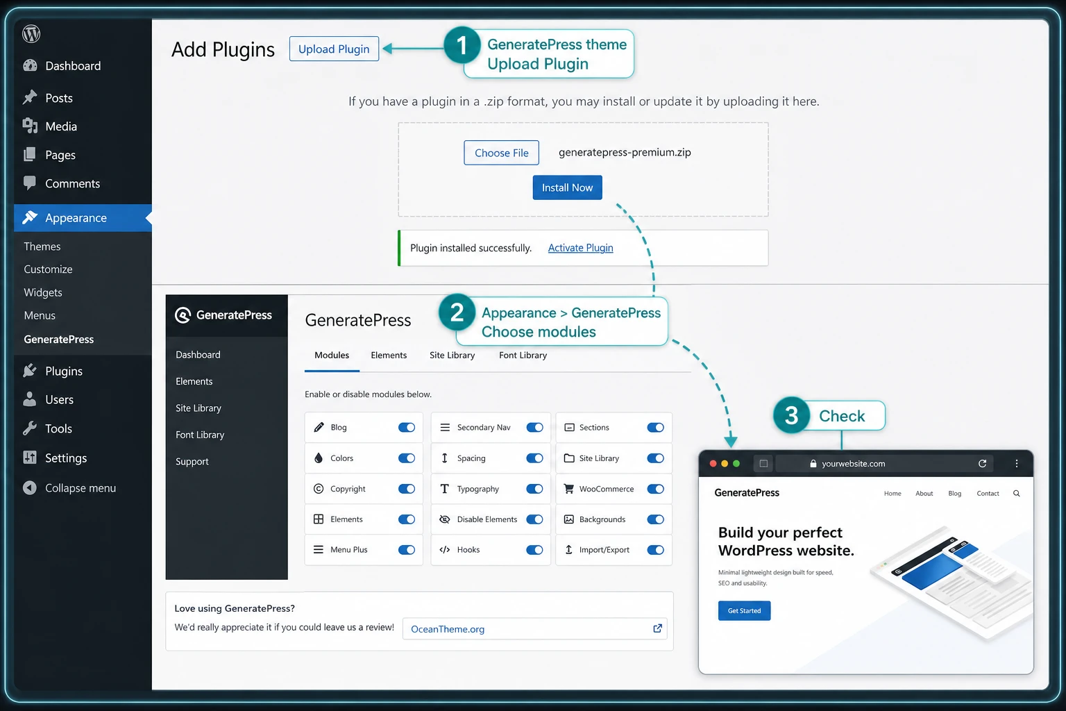 GeneratePress Premium first-time module activation flow after installation
