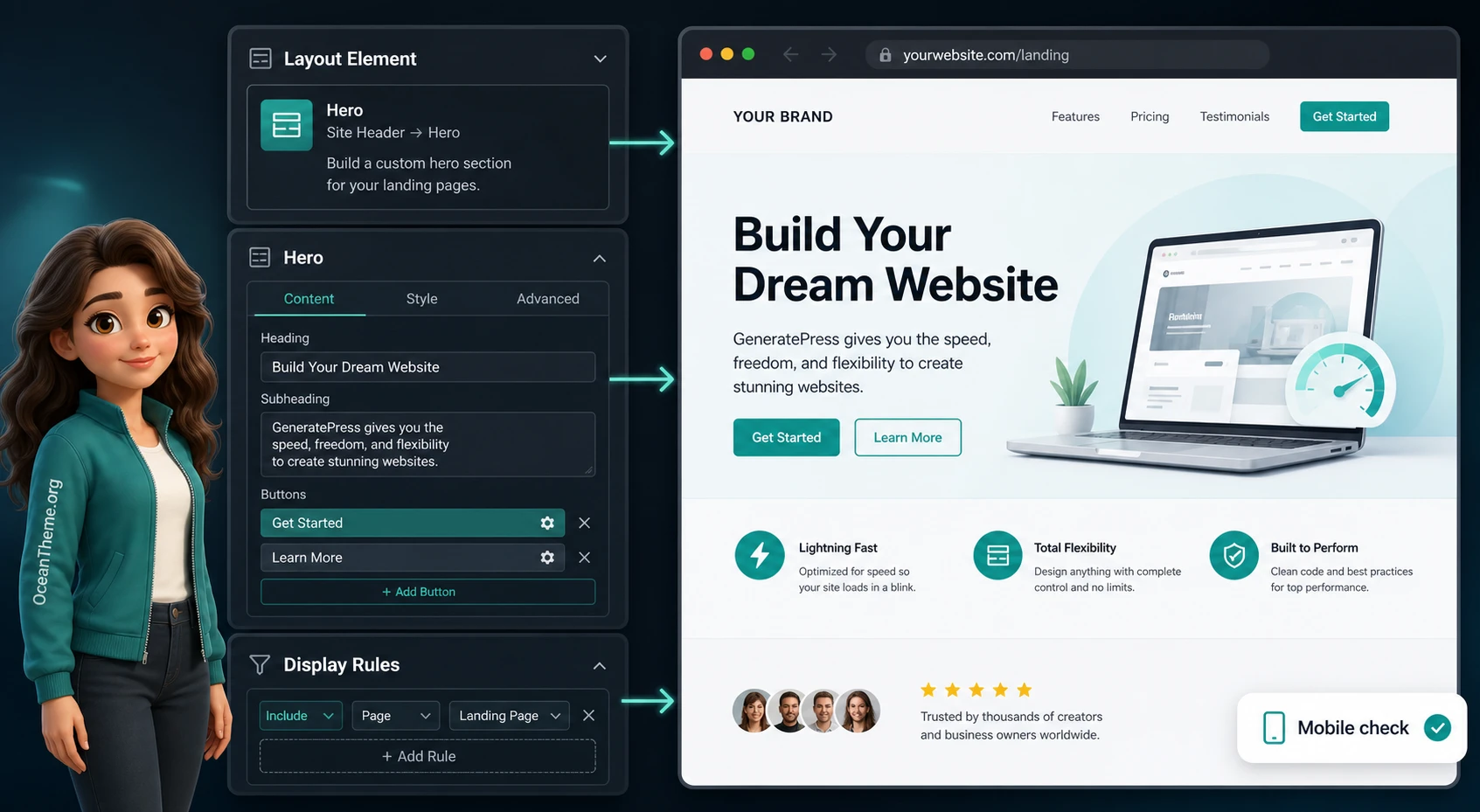 Example of GeneratePress Premium settings connected to a landing page result