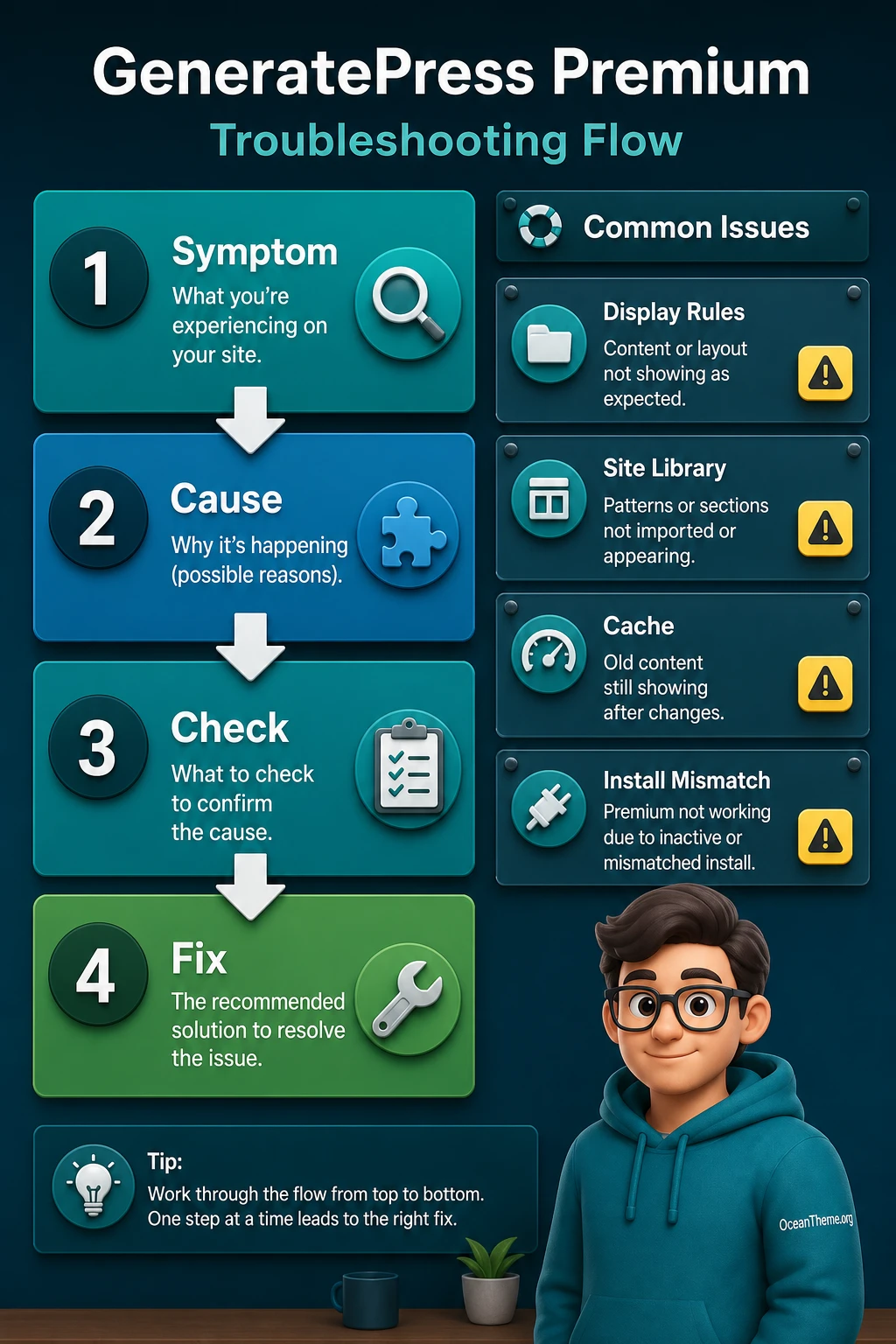 Diagnostic map of GeneratePress Premium issues and safe rollback paths