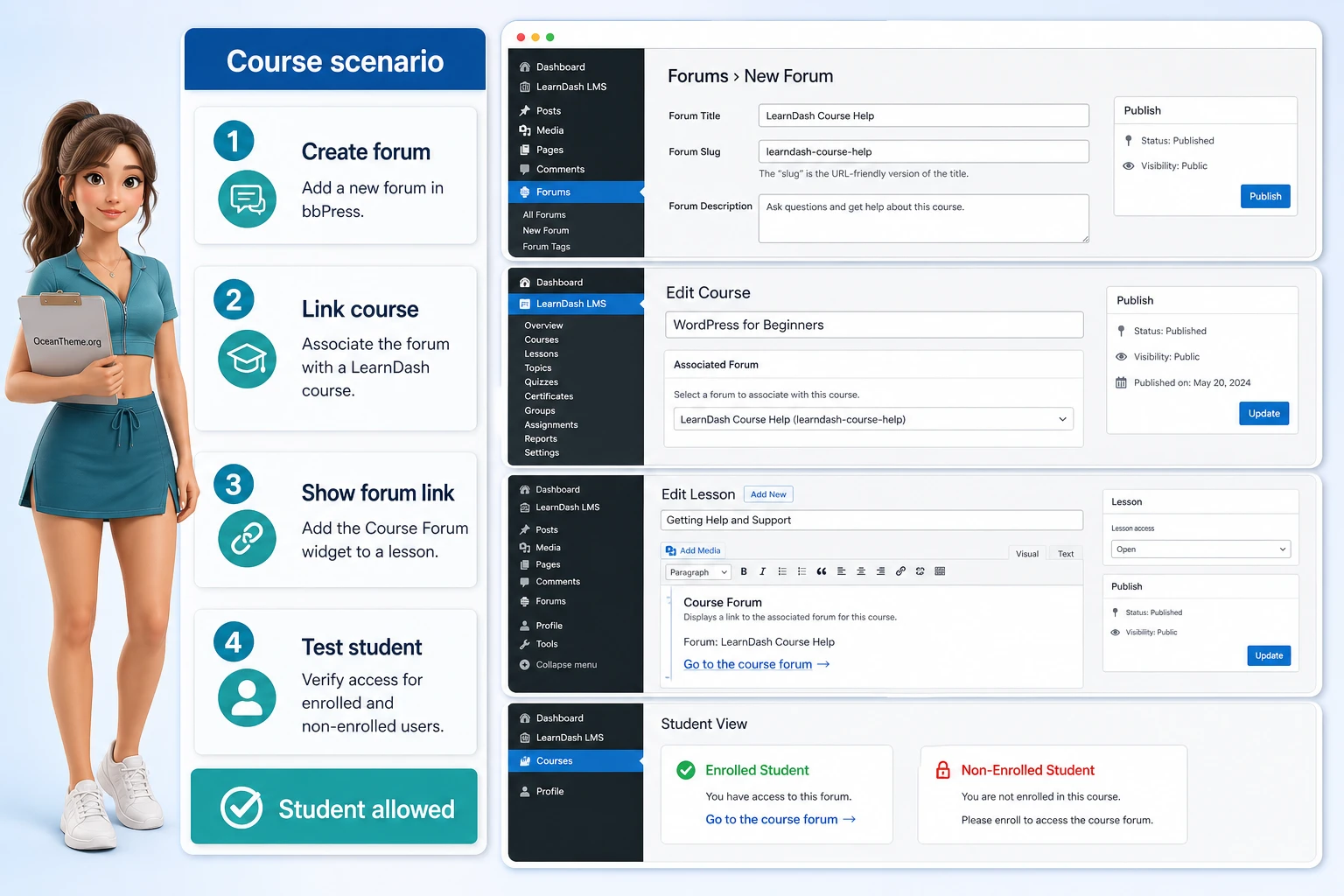 Practical example of using LearnDash LMS bbPress Integration for a homework forum