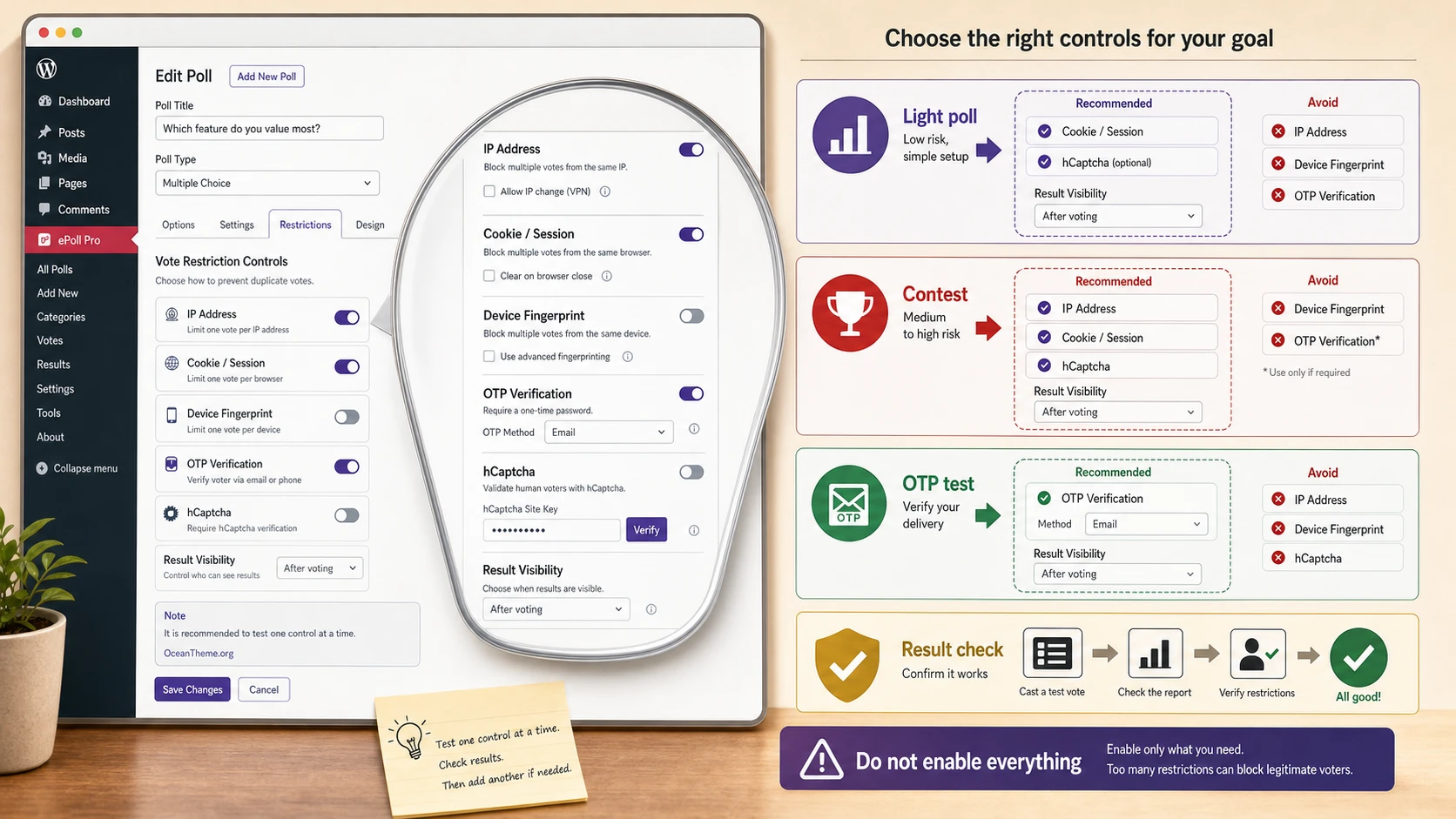 ePoll Pro settings map for vote restrictions and result visibility