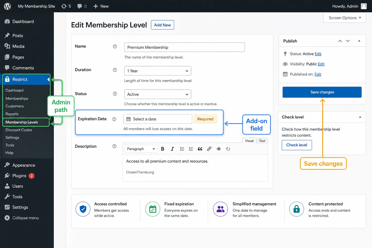 Expiration Date settings interface for a Restrict Content Pro membership level