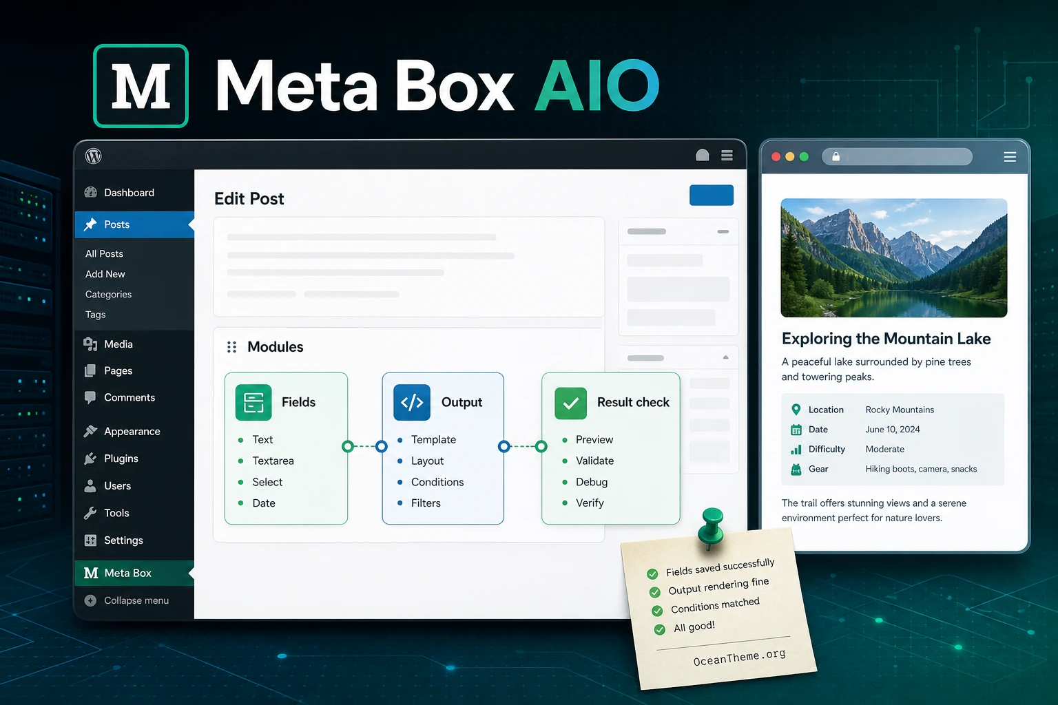 Meta Box AIO guide cover with a module map and diagnostic note