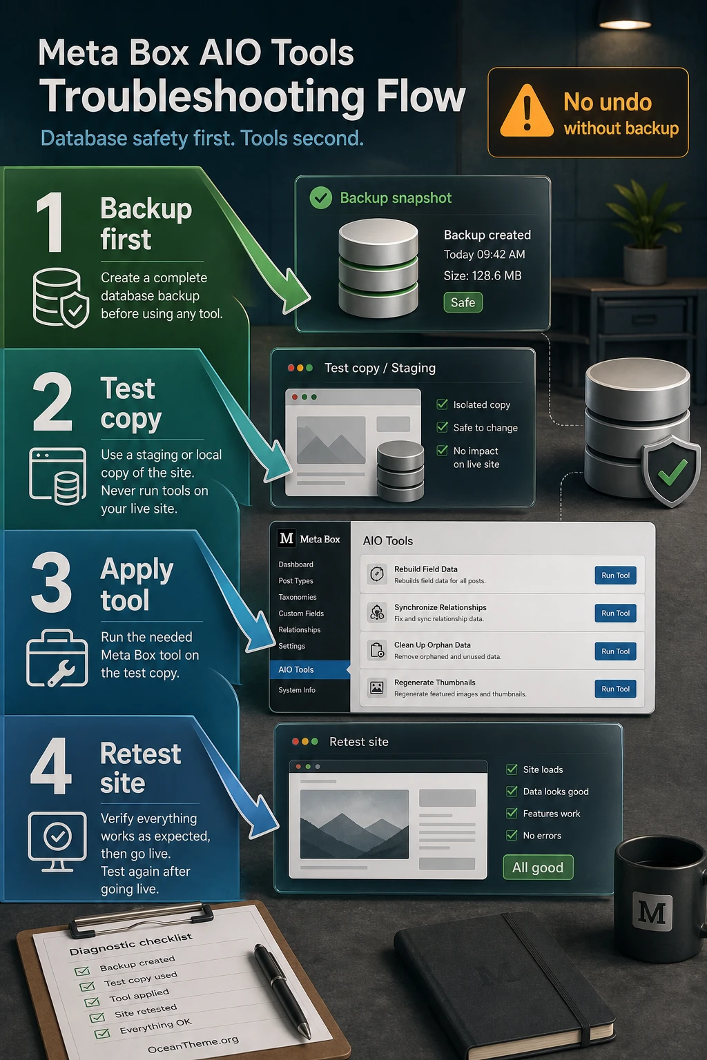 Diagram of safe Meta Box AIO tool usage for data operations