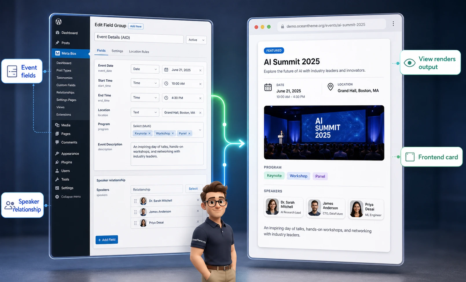 Example Meta Box AIO workflow for an event directory in WordPress
