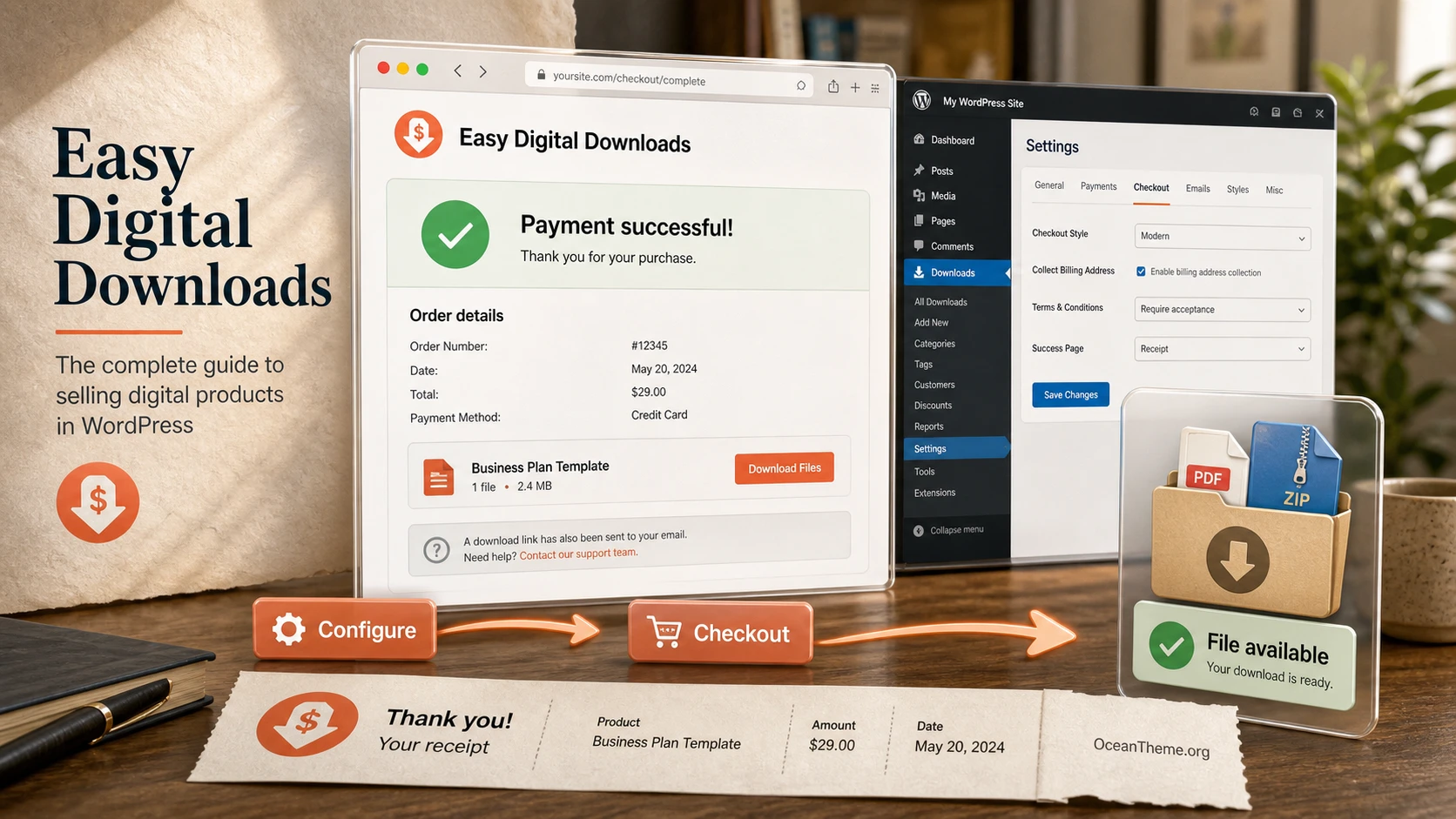Cover image for the Easy Digital Downloads guide showing the end result of selling a digital file