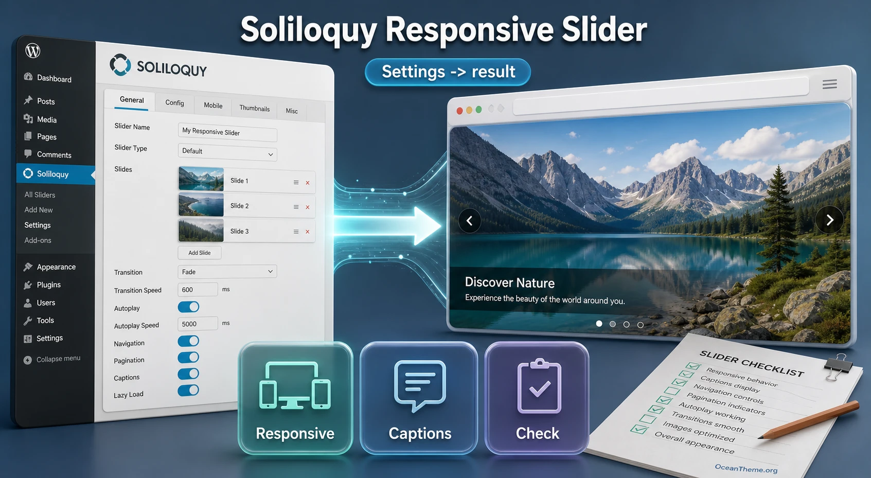 Cover image for the Soliloquy Responsive Slider guide showing slider setup and result testing