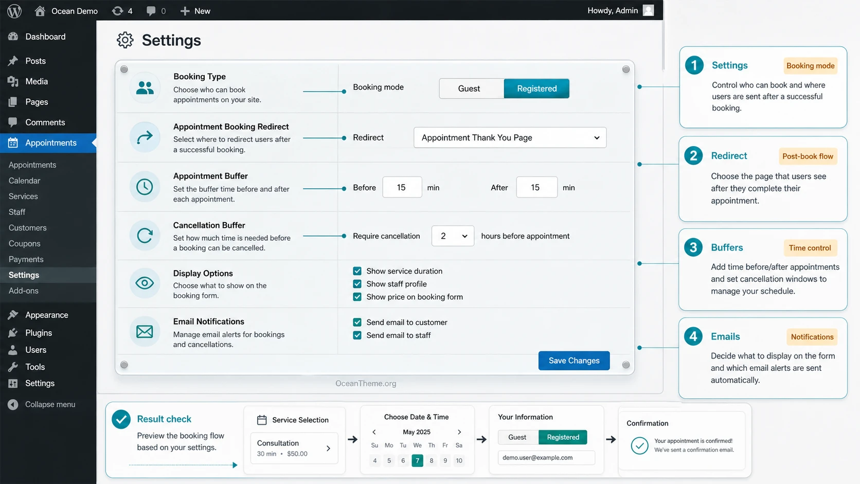 Map of the key CodeCanyon QuickCal settings after installation